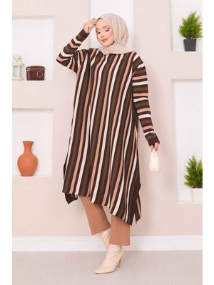 Frx Çizgili Salaş Triko Tunik Kahve
