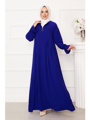 Md Yarım Fermuarlı Tesettür Elbise Saks