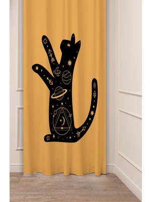 Greendecor Kedi Yıldız Gece Uzay Ay Siyah Bohem Desenli Özel Tasarım Dijital Baskılı (Tek Kanat) Şık Fon Perde