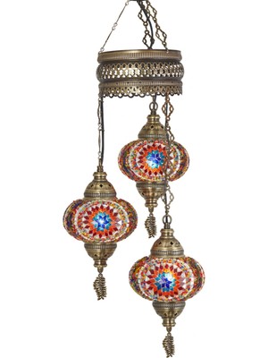 Normadia 3’lü Osmanlı Mozaik Renkli Camlı Sarkıt Avize, 3 Büyük Çok Renkli Cam