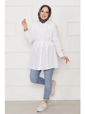 Asm Boydan Gizli Düğmeli Pile Detaylı Tesettür Gömlek Beyaz