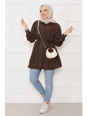 Asm Boydan Gizli Düğmeli Pile Detaylı Tesettür Gömlek Kahve