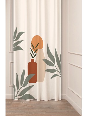 Greendecor Yaprak Vazo Bohem Minimalist Bej Krem Desenli Özel Tasarım Dijital Baskılı (Tek Kanat) Şık Fon Perde
