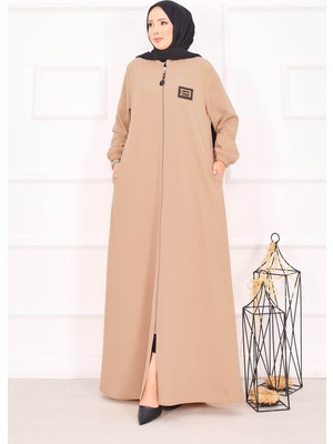 Nz Manşeti Lastikli Cepli Tesettür Ferace Camel