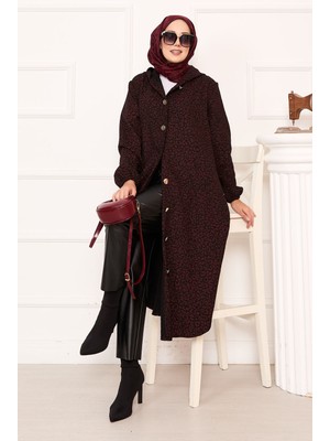 Nz Leopar Desenli Düğmeli Kaşe Kap Bordo