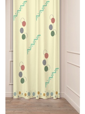 Greendecor Geometrik Şekil Kare Yeşil Bej Desenli Özel Tasarım Dijital Baskılı (Tek Kanat) Modern Şık Fon Perde