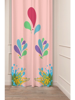 Greendecor Renkli Pembe Mavi Çiçek Boya Desenli Dijital Baskılı (Tek Kanat) Tasarımlı Canlı Modern Fon Perde