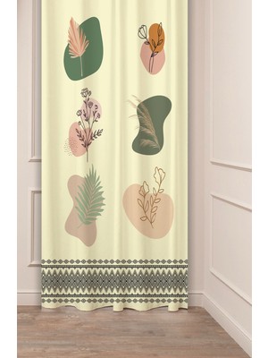 Greendecor Bohem Vazo Çiçek Yaprak Desenli Özel Tasarım Dijital Baskılı (Tek Kanat) Soft Modern Şık Fon Perde