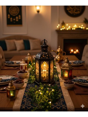 Dodomar 43 cm Ramazan Ledli Siyah Model Tek Mumlu Lüks Fener - Pil Dahil Dekoratif Ramazan Feneri