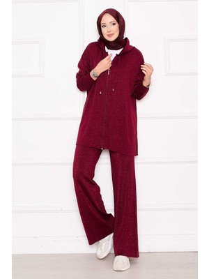 Frx Gold Işıltılı Fermuarlı Kapüşonlu Triko İkili Takım Bordo