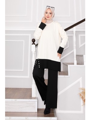 Frx Taş Düğmeli İki Renk Triko Takım Krem