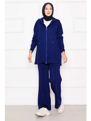 Frx Gold Işıltılı Fermuarlı Kapüşonlu Triko İkili Takım Lacivert