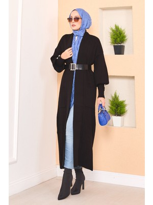 RAF Kol Ucu Düğmeli Şal Yaka Tesettür Triko Hırka Siyah
