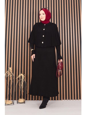RAF Düğmeli Pelerin & Triko Elbise Tesettür İkili Takım Siyah