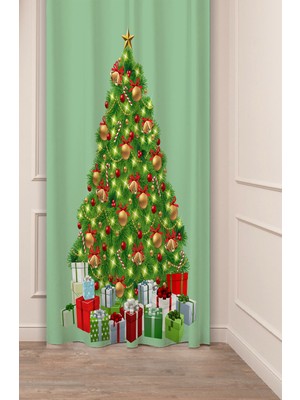 Greendecor Yılbaşı Çam Ağacı Noel Ağacı Kar Yeni Yıl Christmas Desenli Özel Tasarımlı Dijital Baskılı Fon Perde