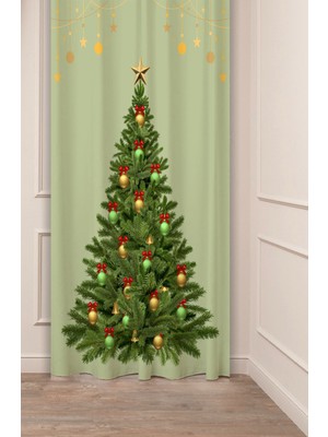 Greendecor Yılbaşı Çam Ağacı Noel Ağacı Kar Yeni Yıl Christmas Desenli Özel Tasarımlı Dijital Baskılı Fon Perde