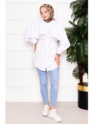 SVS Pelerinli ve Bağcıklı Terikoton Hakim Yaka Gömlek Tunik Ekru