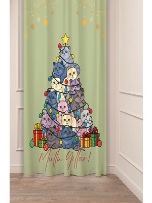 Greendecor Yılbaşı Çam Ağacı Noel Ağacı Kar Yeni Yıl Christmas Desenli Özel Tasarımlı Dijital Baskılı Fon Perde