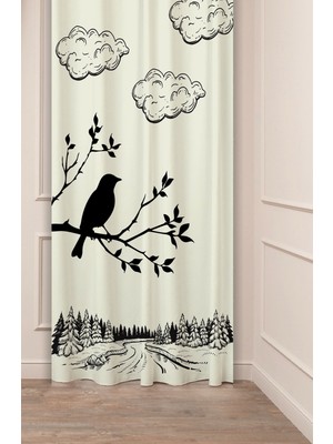 Greendecor Kuş Orman Ağaç Bohem Bej Krem Desenli Özel Tasarım Dijital Baskılı (Tek Kanat) Modern Şık Fon Perde