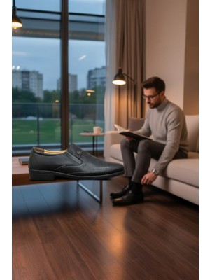Enoch Hakiki Deri Siyah Ortopedik Nokta Dokulu Erkek Baba Ayakkabı