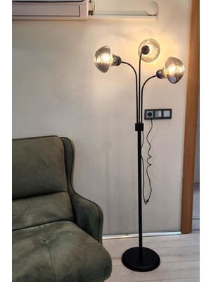 Normadia Şık Siyah Metal Ayaklı 3'lü Zambak Tasarım Lambader, Oturma Odası ve Salon Için