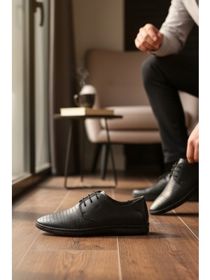 Enoch Hakiki Deri Siyah Ortopedik Lazer Delikli Hava Alan Erkek Ayakkabı