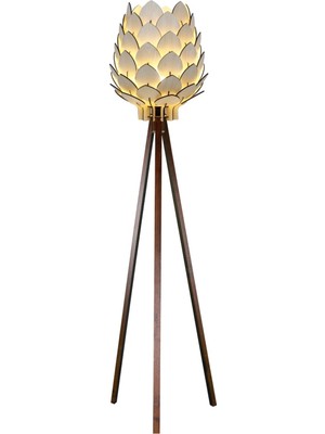 Normadia Kozalak Lambader Ahşap 3 Ayaklı Abajur Krem Başlık Kahve Ayak