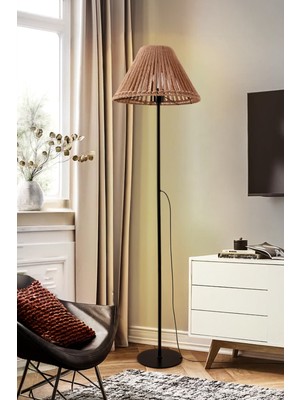 Normadia Mono Siyah Metal Ayaklı Doğal Ip Başlıklı Lambader, Şık ve Rustik Aydınlatma