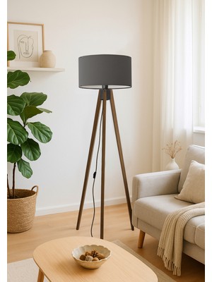 Normadia Modern Ceviz Ayaklı Silindir Lambader, Şapka Tasarımı, Şık ve Şık Aydınlatma