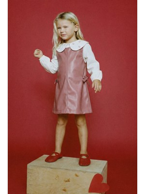 Magu Kız Çocuk Pembe Pamuklu Gömlekli Deri Görünümlü Elbise