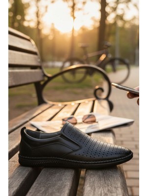 Enoch Hakiki Deri Siyah Ortopedik Tam Lazer Delikli Yazlık Erkek Ayakkabı