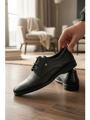Enoch Hakiki Deri Siyah Ortopedik Lazer Delik Detaylı Erkek Baba Ayakkabı