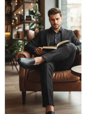 Enoch Hakiki Deri Siyah Ortopedik Sade Düz Model Erkek Loafer Ayakkabı