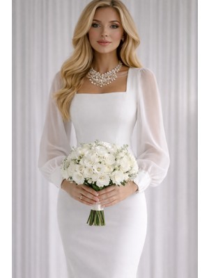 GILLA'S QUEEN Kadın Beyaz Kare Yakalı Tül Kol Kalem Etek Nikah Elbisesi Abiye