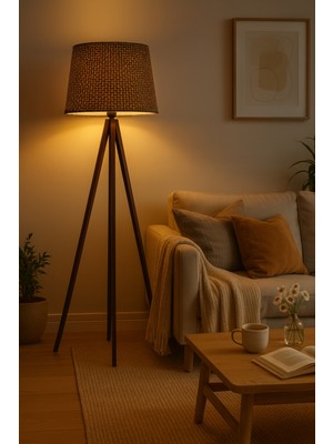 Normadia El Işlemeli Ceviz Hasır Ahşap Kahve Lambaderi, Şık ve Zarif Aydınlatma