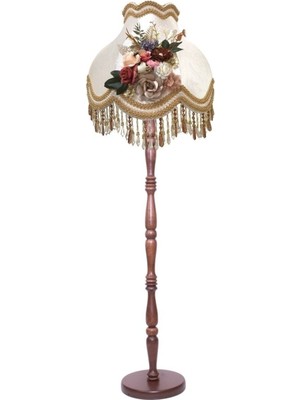 Normadia Ekru Kadife Kaplı Vintage Lambader, Gold Detaylı Ahşap Ayak