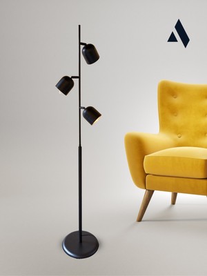 Normadia Siyah Metal Lambader, 3 Başlıklı Ayarlanabilir Dekoratif Aydınlatma