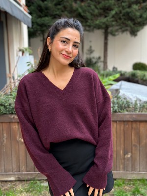 Kadın Bordo V Yaka Yumuşak Düşük Omuz Kalın Kazak
