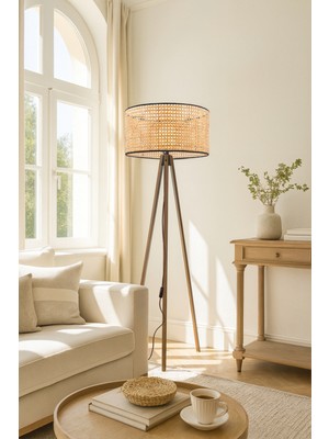 Normadia Modern Rattan ve Ahşap Tripod Ayaklı Şık Lambader Aydınlatma