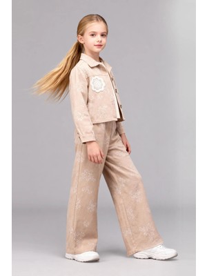 Lolipop Kids Store Kız Çocuk Çiçek Detaylı Kız Çocuk Üçlü Gabardin Takım