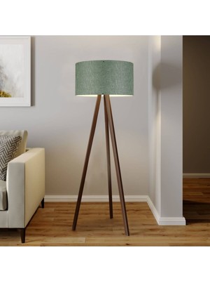 Normadia Ceviz Ahşap Üç Ayaklı Şık Lambader, Kumaş Başlık, Modern Dekorasyon