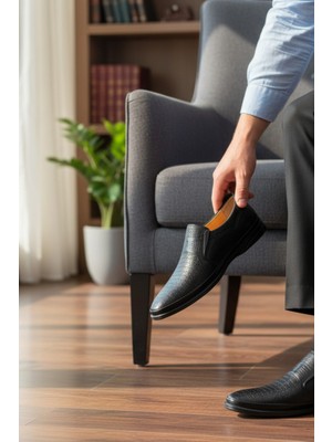 Enoch Hakiki Deri Siyah Ortopedik Lazer Işlemeli Erkek Baba Ayakkabı