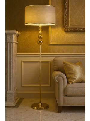 Normadia Şık Vizon Parlak Metal Lambader, Gold Şeritli Modern Tasarım