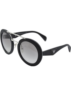 Praada. Lınae Rosa Spr 15S 1AB 0A7 Mılano Ornate Saffıano Leather Sıyah Süslemeli Deri Yuvarlak Füme Gri  Üçgen Logo Kadın Güneş Gözlüğü