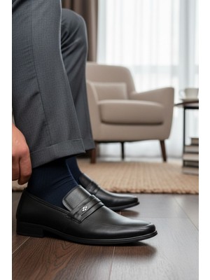 Enoch Hakiki Deri Siyah Ortopedik Bağcıksız Şık Erkek Ayakkabı