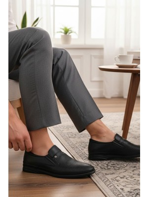 Enoch Hakiki Deri Siyah Ortopedik Lazer Delik Işlemeli Erkek Baba Ayakkabı