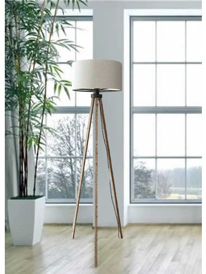 Normadia Şık 3 Ayaklı Ahşap Tripod Lambader, Yuvarlak Kumaş Abajur, Krem ve Kahverengi