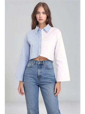 Mamayaga Kadın Özel Tasarım Asimetrik Kesim Düğmeli Çizgi Garnili Crop Boy Gömlek