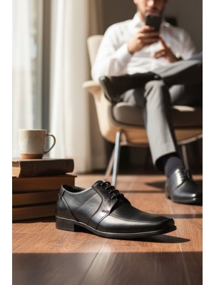 Enoch Hakiki Deri Siyah Ortopedik Kare Burun Dikişli Erkek Ayakkabı