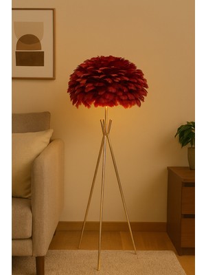 Normadia Gold Tripod Ayaklı Bordo Kuş Tüyü Abajurlu Şık Lambader